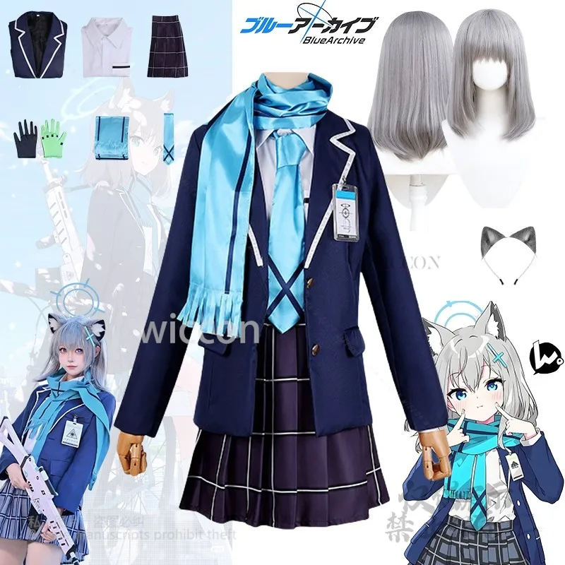 أنيمي لعبة الأزرق الأرشيف أنيمي Sunaokami Shiroko زي شعر مستعار آذان وشاح قفازات مجموعة كاملة JK زي مدرسي الزي حسب الطلب