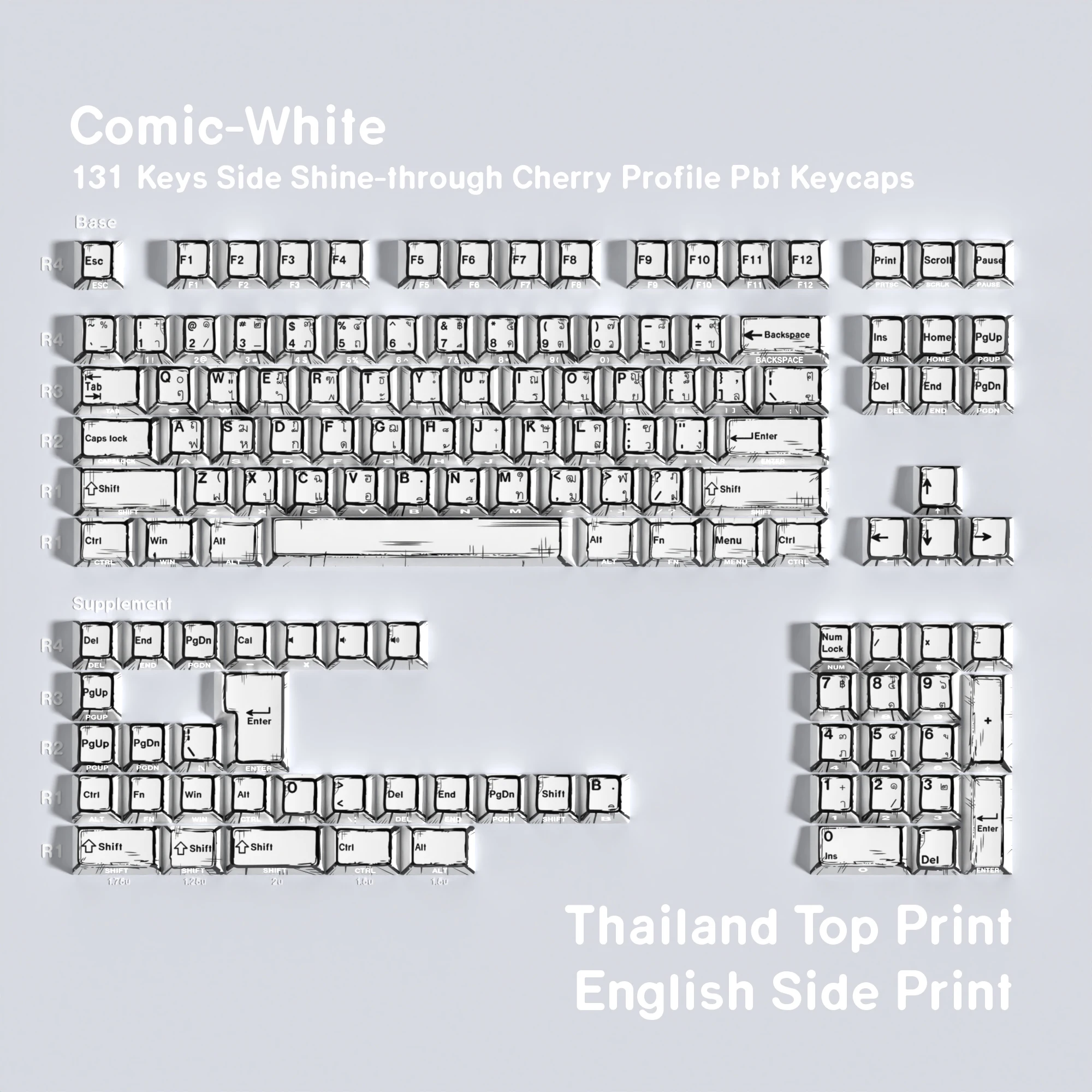 Comic White Keycaps Dye-Sub Cherry Profile Dubbele print 131 toetsen Hebreeuws DE/FR/KR/RU/ES voor mechanisch toetsenbord ISO-indeling F75