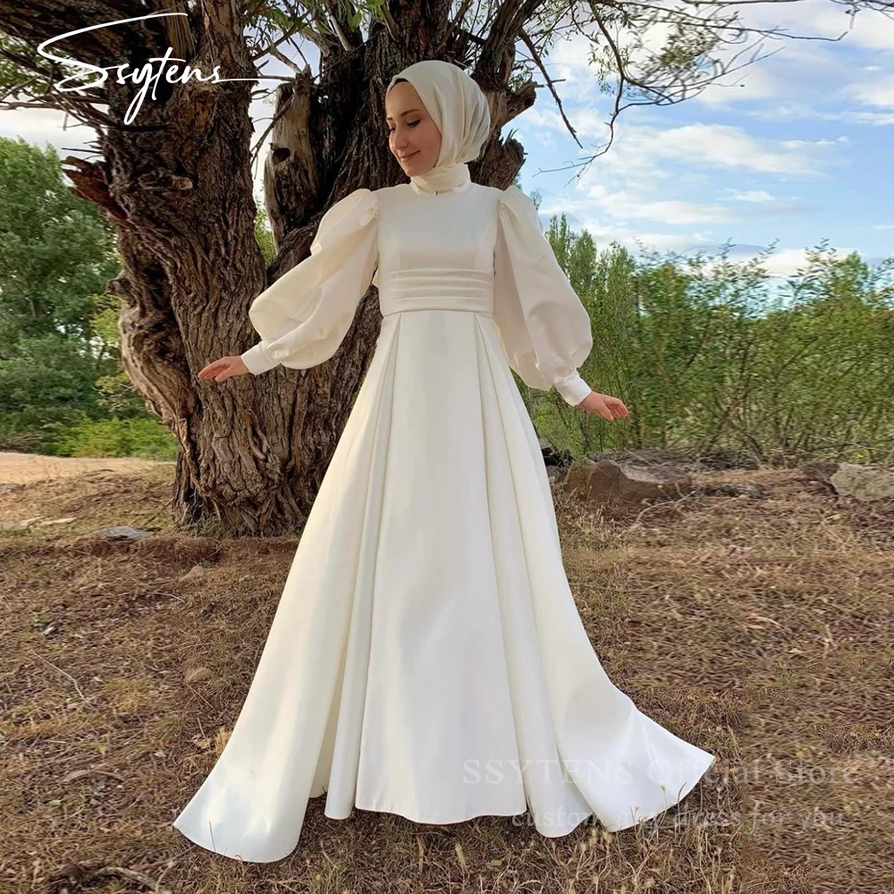 

SSYTENS High Quality Ivory Wedding Dresses Puff Sleeve Satin Civil Bridal Gowns Customized Bride Dress Muslim robe de mariée