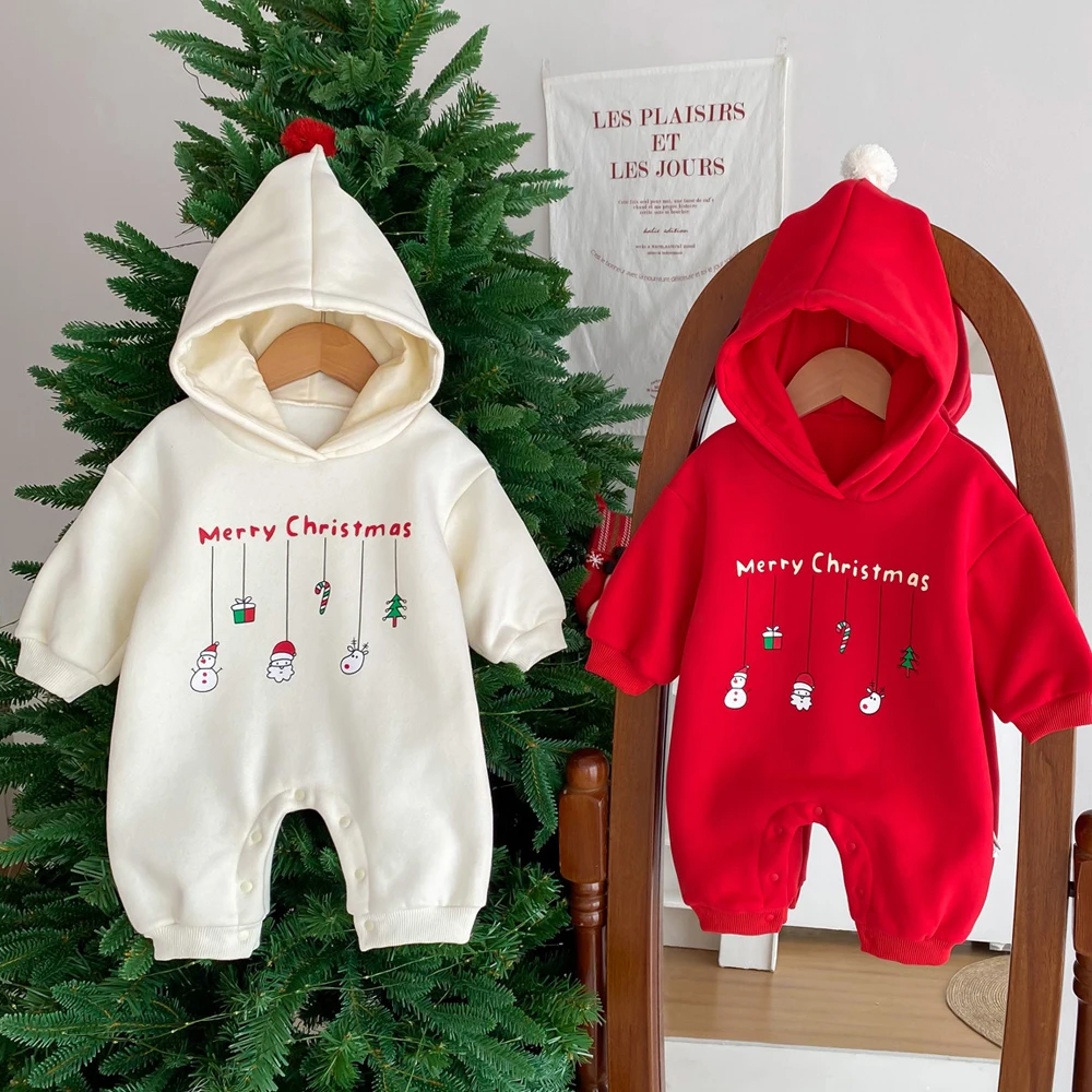 Christmas Baby Jumpsuits Fleece Lining Newborn Romper Infant Boys Girls Clothes Hooded Toddler Outfit Kids Onsie for New Year