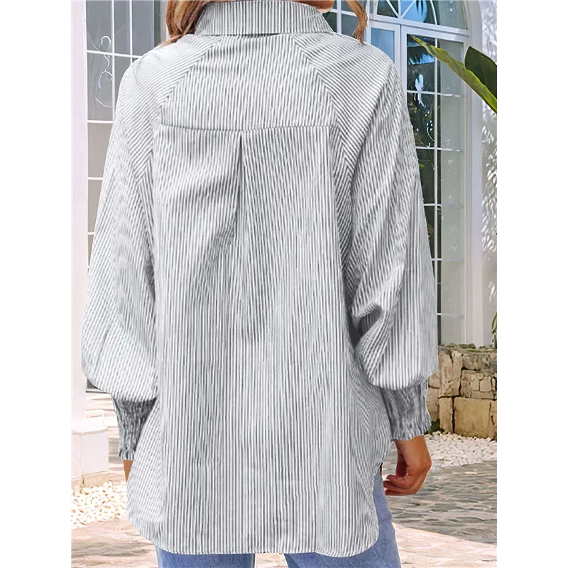 

ABRT-Women's Striped Button Down Shirt Smocked Cuffed Boyfriend Blouse Ruffle Sleeve Casual Tunic Tops With Pockets