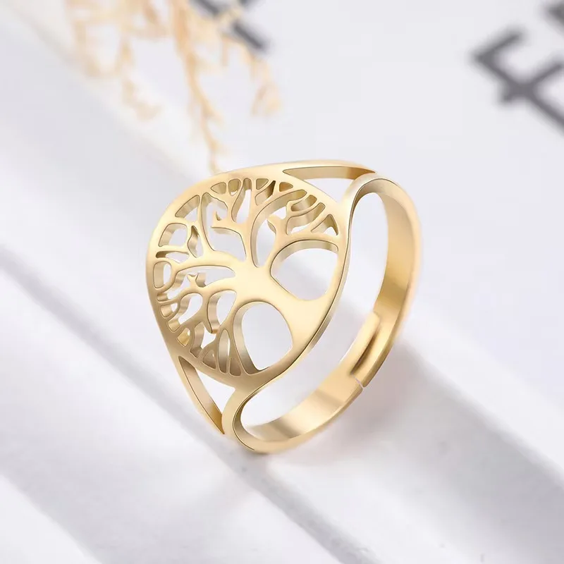1 Trendy Circular Hollowed-Out Tree Of Life Ring With Adjustable Opening, Suitable For Both Men And Women