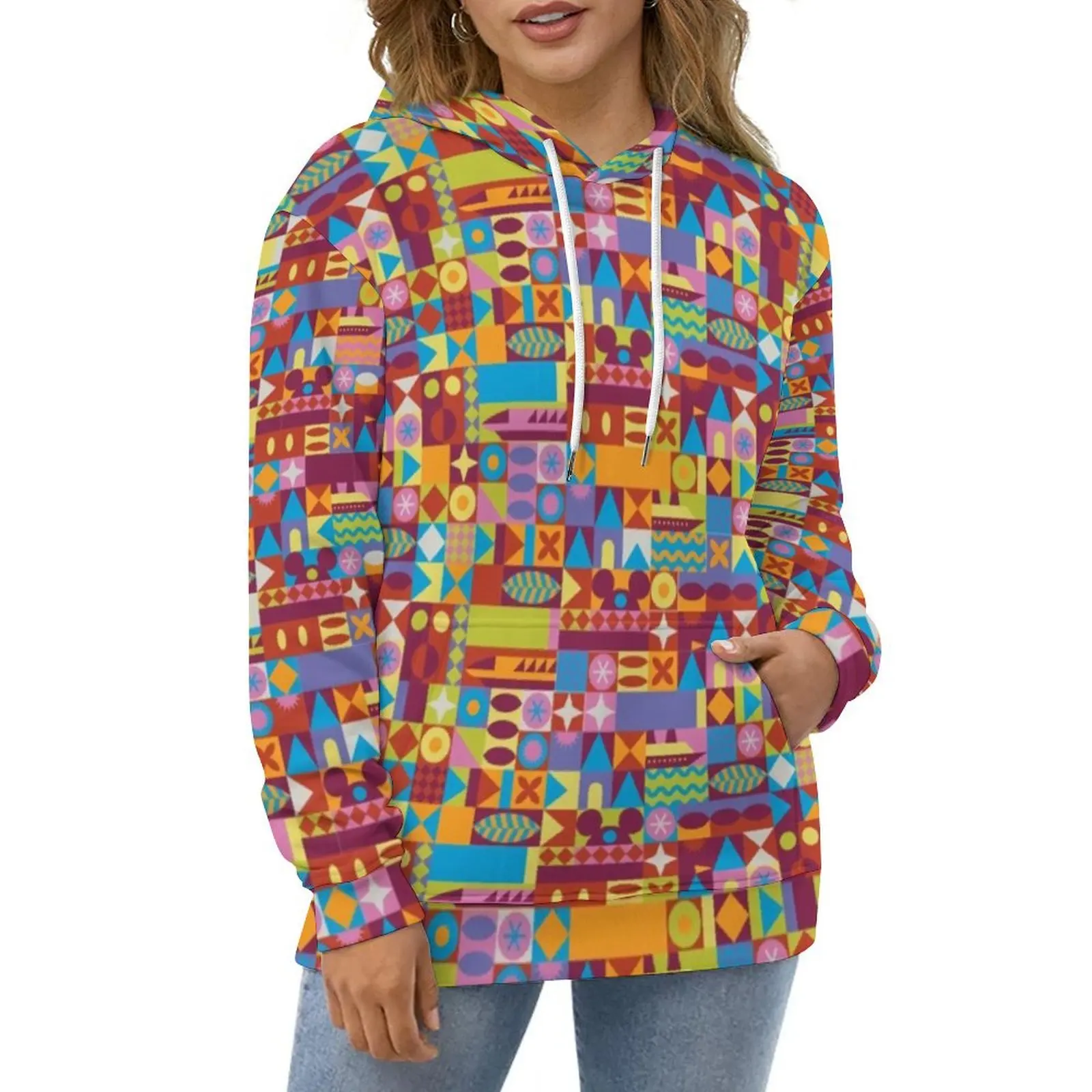 70S Modern Art Print Hoodies Long Sleeve Retro Color Blocks Casual Hoodie Spring Hip Hop Oversize Loose Hooded Sweatshirts