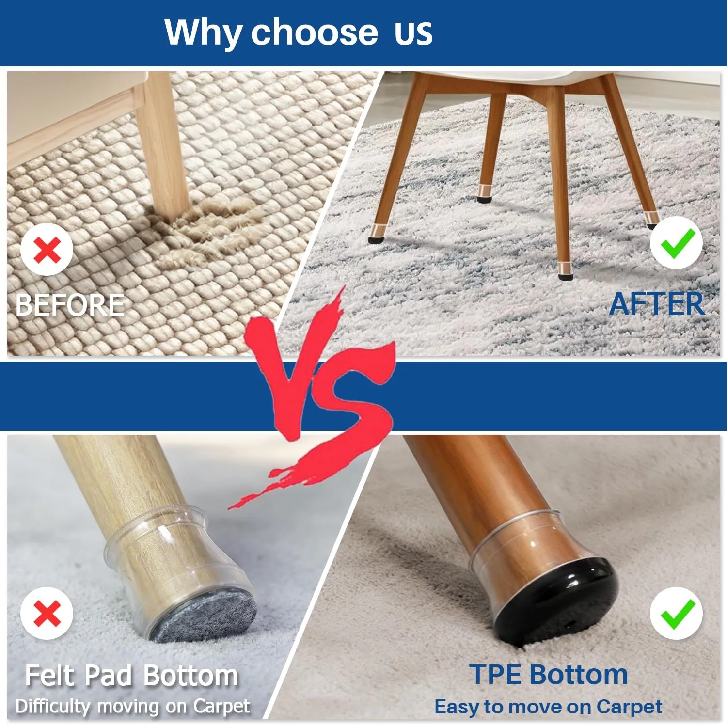 16-Pack Upgraded TPE Furniture Feet Protectors with PC Base, Black Non-Slip Chair Leg Caps for Carpet Use