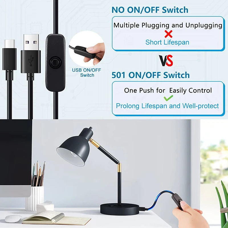 Cavo interruttore da USB a tipo C DC 5V 2A Cavo di prolunga per alimentatore Bianco Nero Linea interruttore a pulsante da USB a tipo C per ventola della lampada