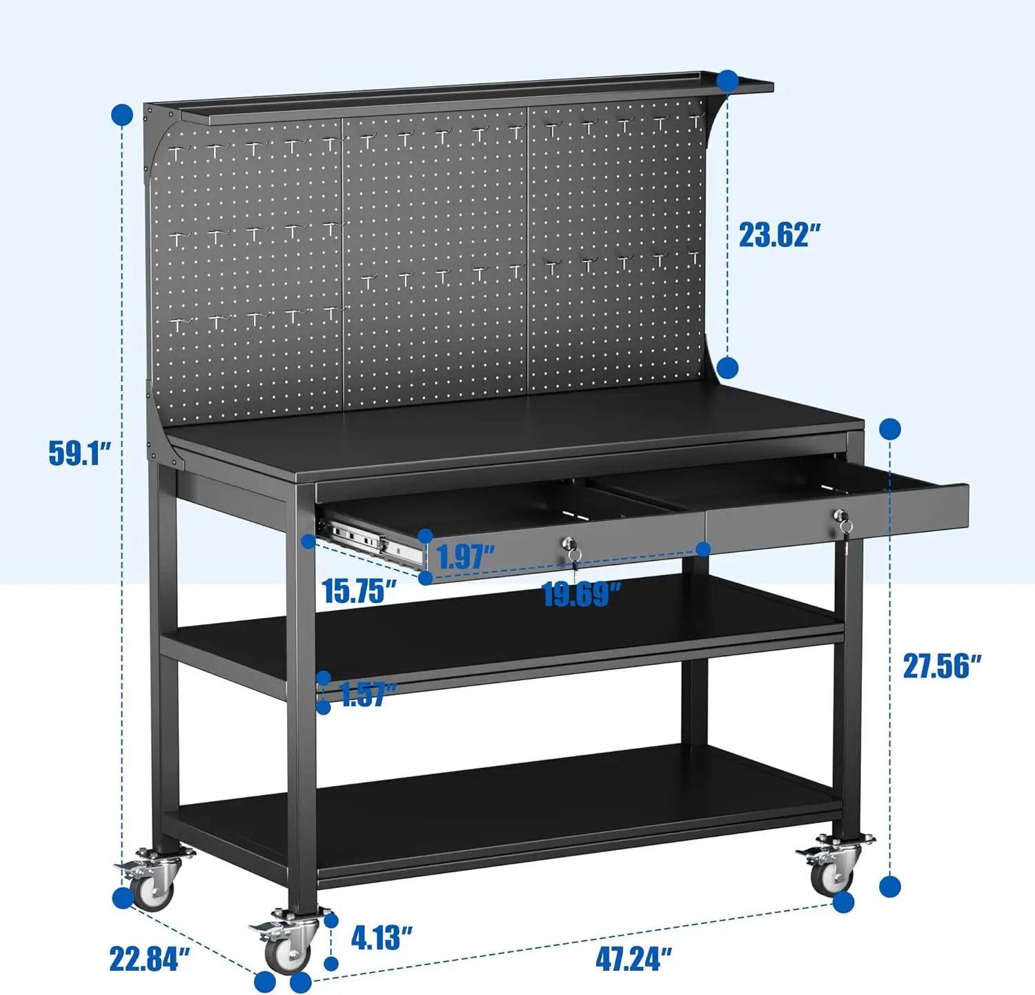 Metal Workbench with 2 Lockable Drawer, Steel Tube Legs Workbench on Wheels,