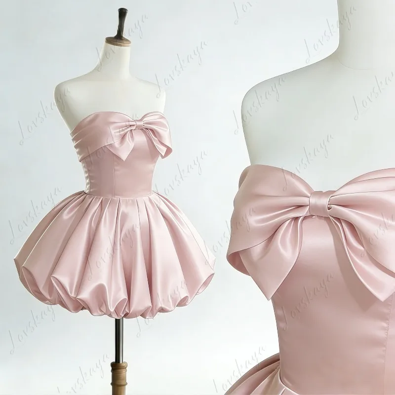 Women Sweet Girlish Pink Strapless Mini Cocktail Dress Korean‑Style Bubble Skirt Party Gown For Daily Date Birthday Evening