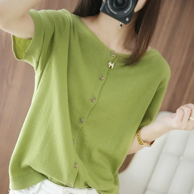 Women Clothes Summer Korean Fashion Loose Simplicity All-match Temperament Appear Thin Ice Shreds O-neck Short Sleeve Cardigan