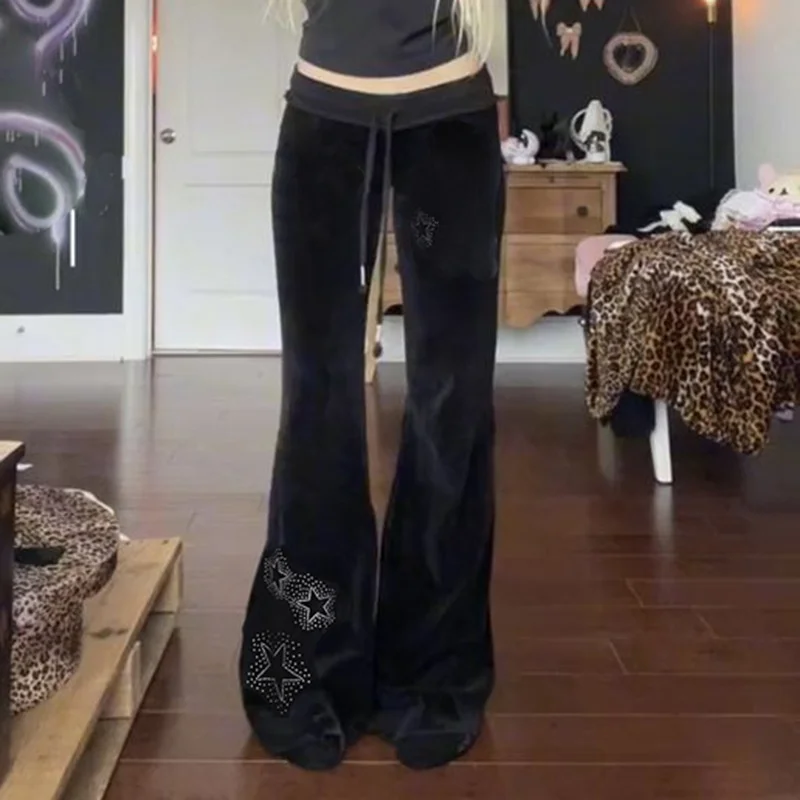 Low Waist Velvet Flared Pants with Drawstring C471PT Cross-Border Star Rhinestone Patchwork Waist Design Casual Trousers