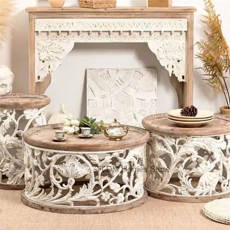 

Modern Solid Wood Round Coffee Tables For Creative Retro Carved Homestay Sofa Side Table Living Room Furniture Home End Table