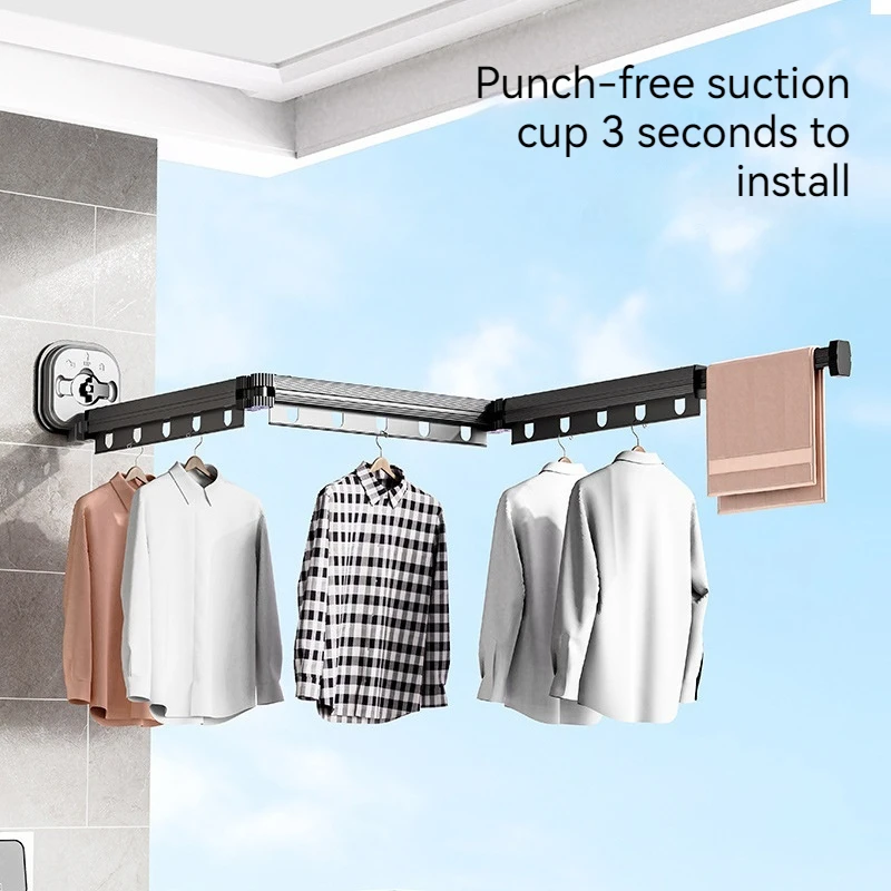 

Wall Mounted Suction Cup Extendable And Non Perforated Aluminum Folding Three Fold Drying Hanger For Home Clothing Installation