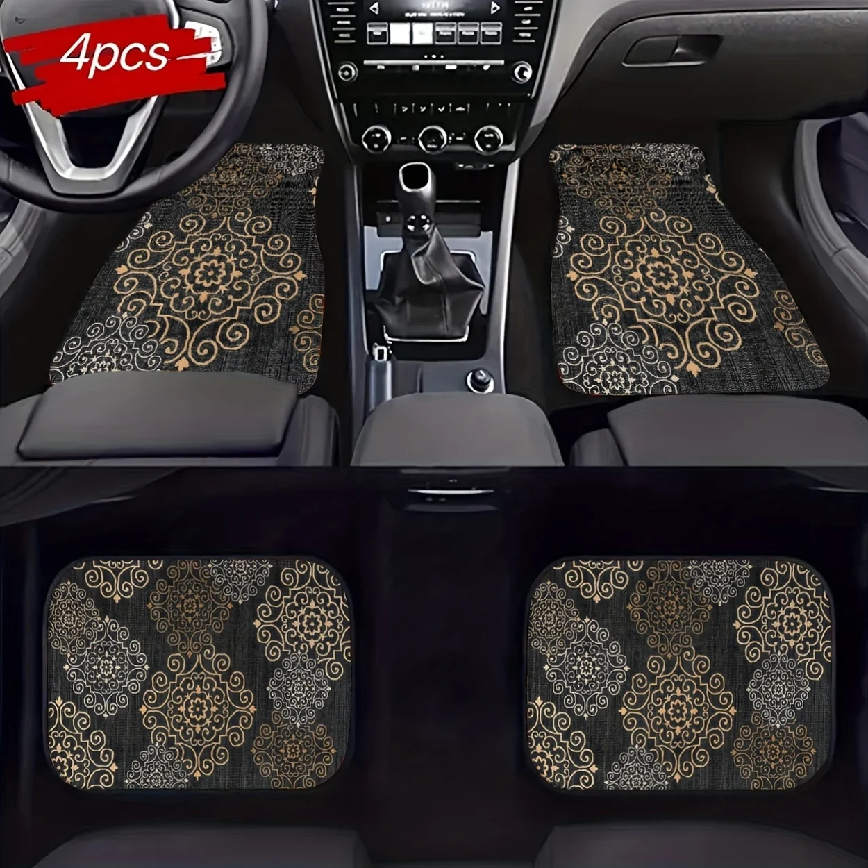 4pcs Universal Car Floor Mats, Black Background With Traditional Pattern, Stylish Digital Print, Fashionable And Versatile, Comf