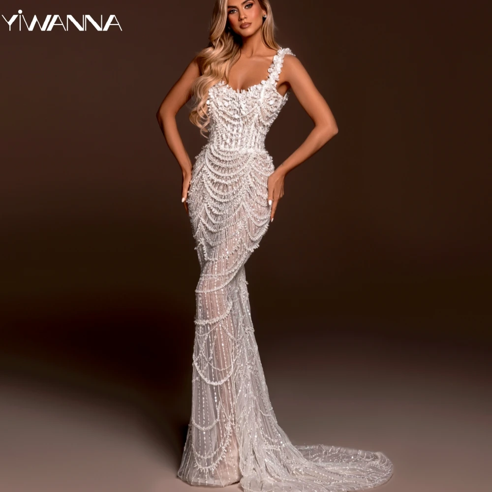 

Sexy Illusion Backless Wedding Dress Hand-sewn Beads Pearls Bride Robe Luxury Mermaid Long Bridal Gown Customized Robe De Mariée