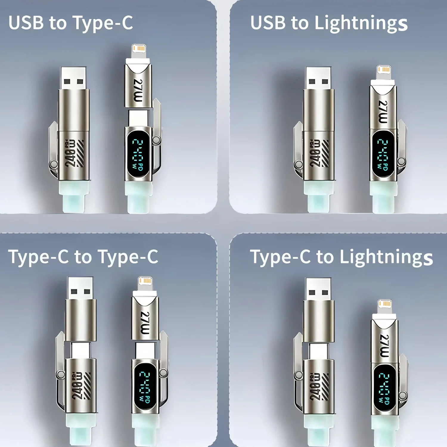 240W Super Fast Charging 4-in-1 Charging Cable,2 Tow 2 Multi-Interface Data Cable,USB Universal PD For iPhone Samsung Xiaomi