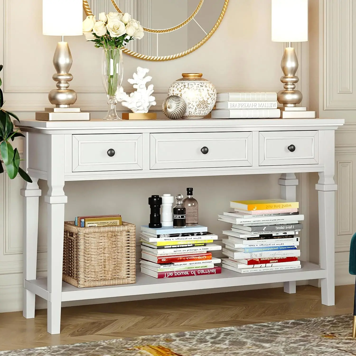 Classic 50in Long Sofa Console Table with 3 Storage Drawers and Bottom Open Shelf, 220lbs Weight Capacity, Antique, Customized