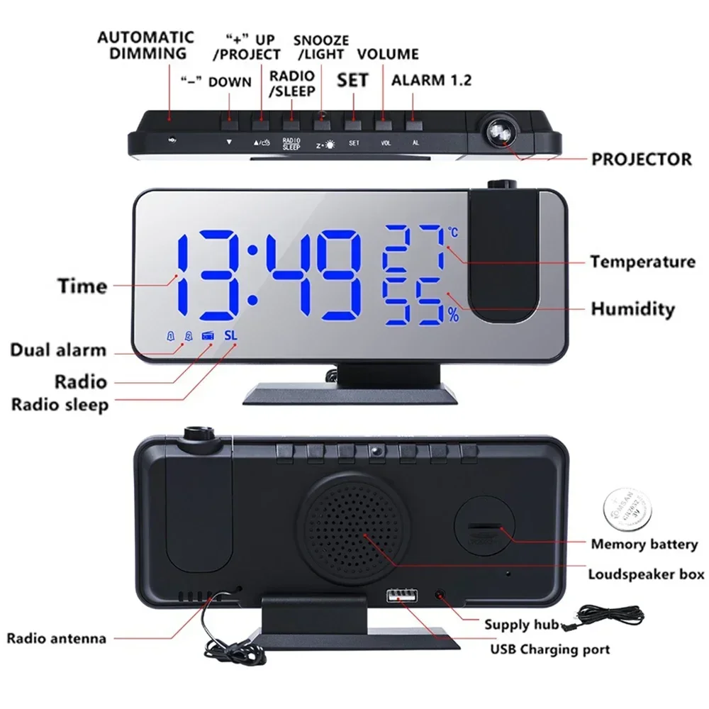 LED Digital Projection Alarm Clocks USB Electronic Ceiling Projector Alarm Clock with FM Radio for Bedroom Bedside Desktop Clock