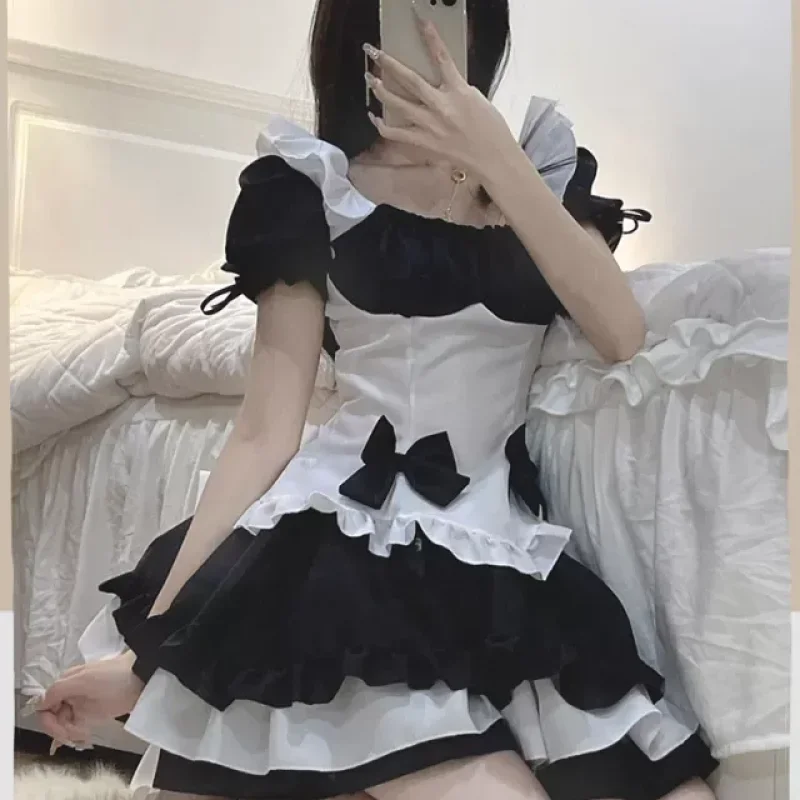 Lolita Girls Cute Maid Coslay Uniform Japanese Gothic Kawaii Black White Maid Outfits Sexy Lingerie Dress Party Role Play Suit