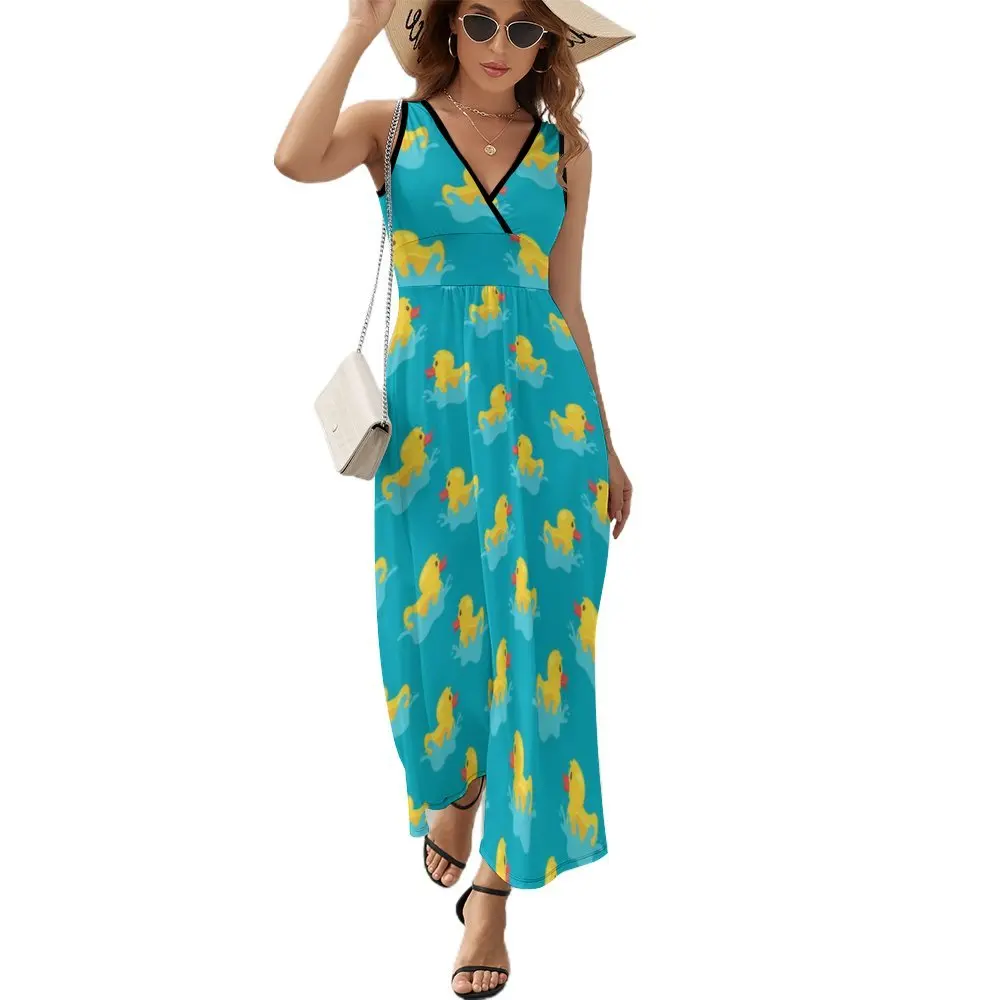 Cute Yellow Rubber Ducks Swim in Pond Pattern Dress FemaleNight Club Maxi Dress V Neck High Waist Casual Custom Boho Beach Long