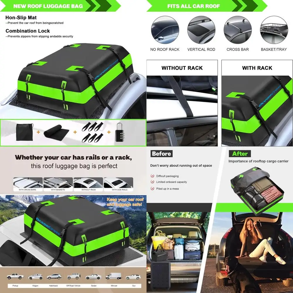 

Green Waterproof Rooftop Cargo Bag, 15 Cubic Feet, Universal Fit, Anti-Slip Mat & 8 Straps Included