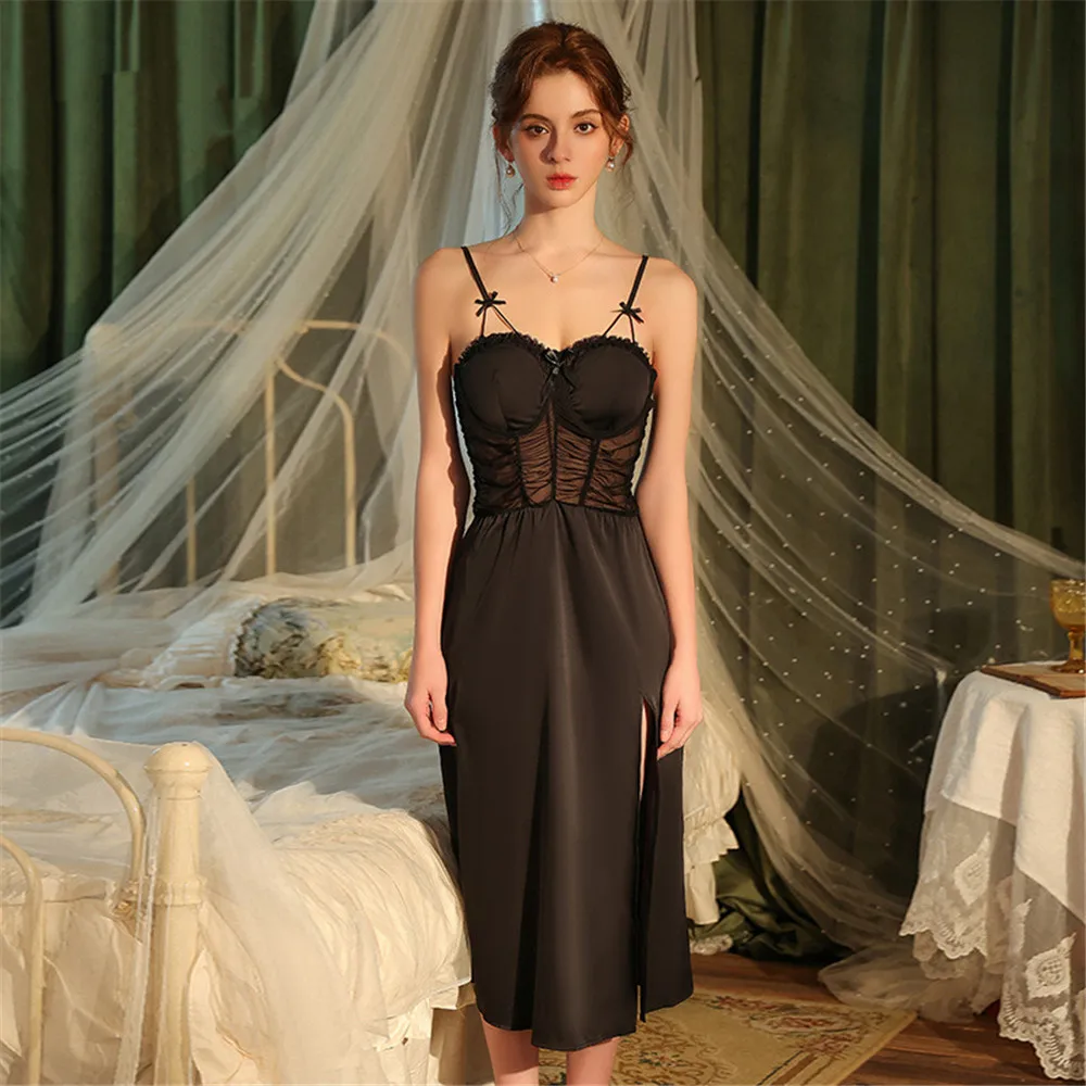Black Sexy Suspender Nightgown Long Sleepwear Perspective Lace Nightdress Rayon Women Home Dress Nightwear