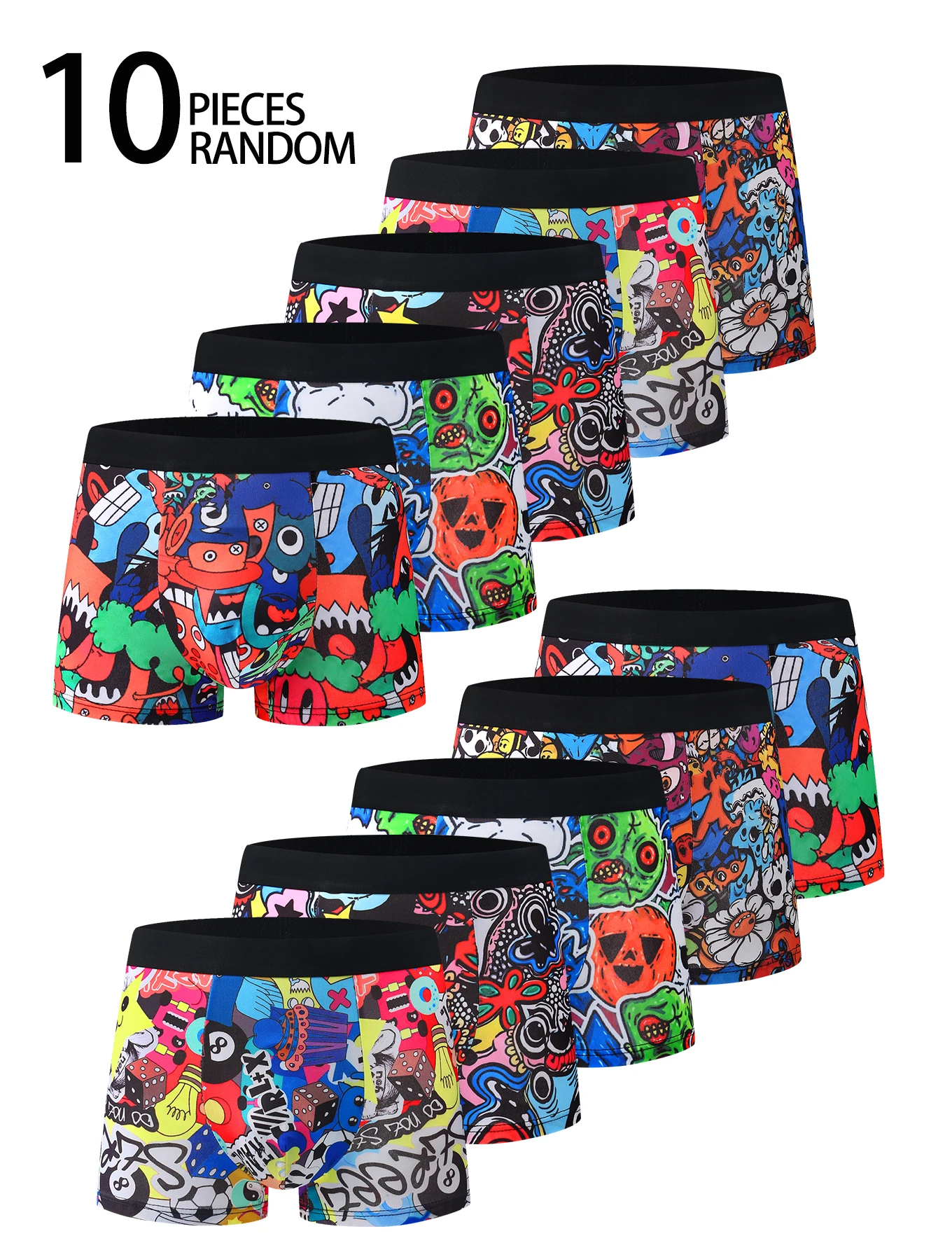 10-Pack Men's Graffiti Cartoon Boxer Shorts Assorted Cool Color Comic Print High Elasticity Mid-Waist Briefs Comfortable Youth S