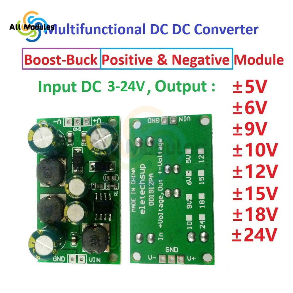 2 in 1 8W Boost-Buck Dual +- Voltage Board 3-24V to 5V 6V 9V 10V 12V 15V 18V 24V for ADC DAC LCD op-amp Speaker DD1912PA