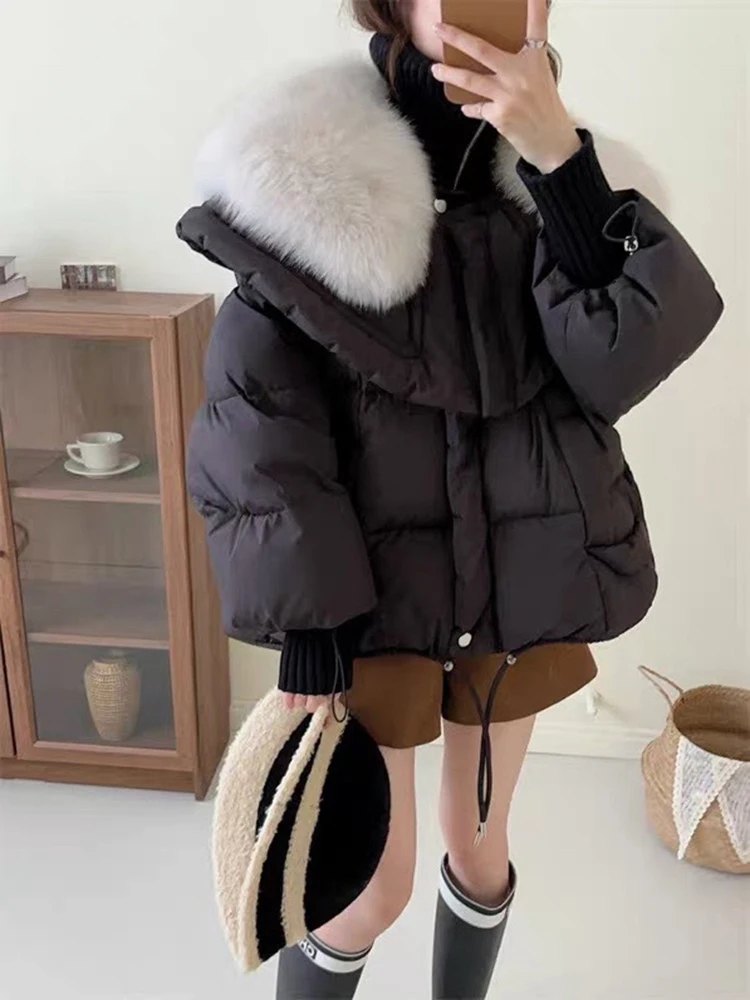Winter Natural Large Fur Collar Shawl Down Jacket Female Warm Lantern Sleeve Short Jacket Women Thicken White Duck Down Outwears