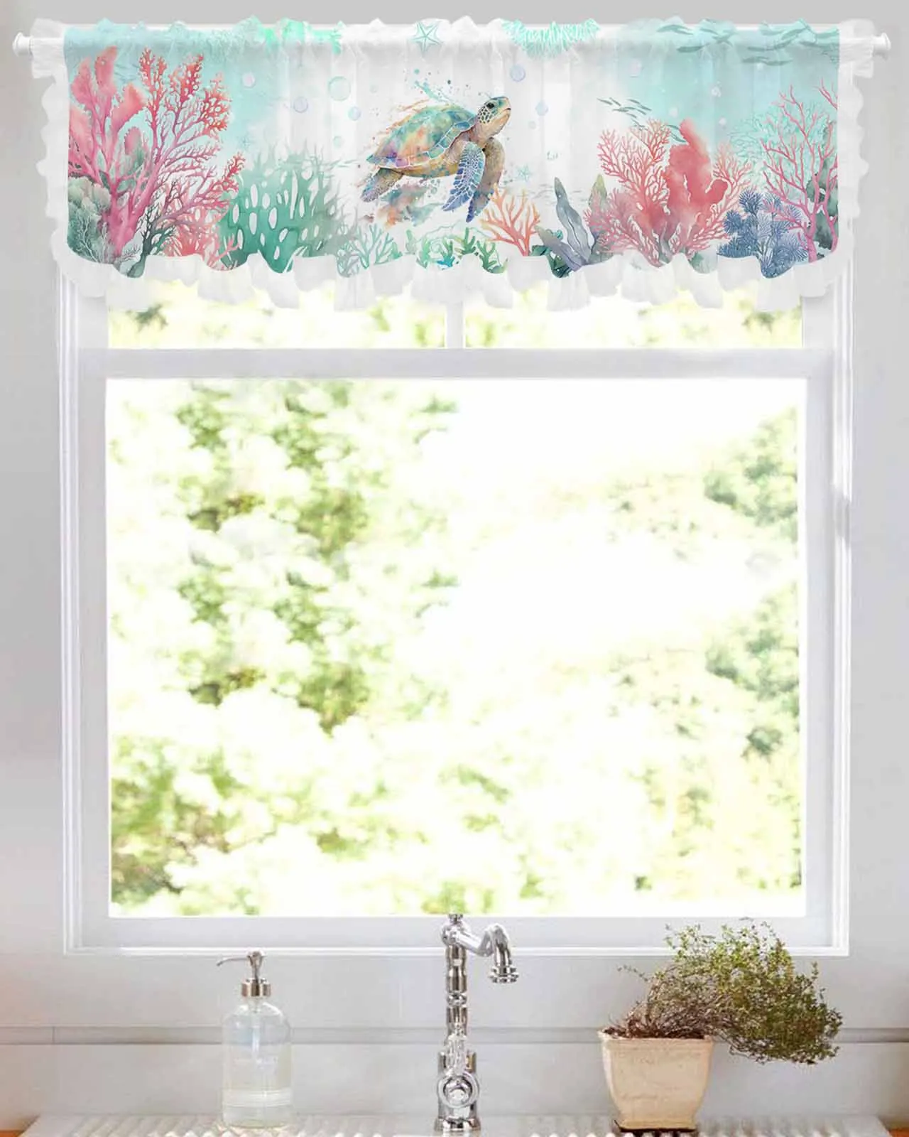 Sea Life Sea Turtle Coral Blue Short Tulle Half Curtains for Living Room Kitchen Door Cafe Window Sheer Valance Drapes