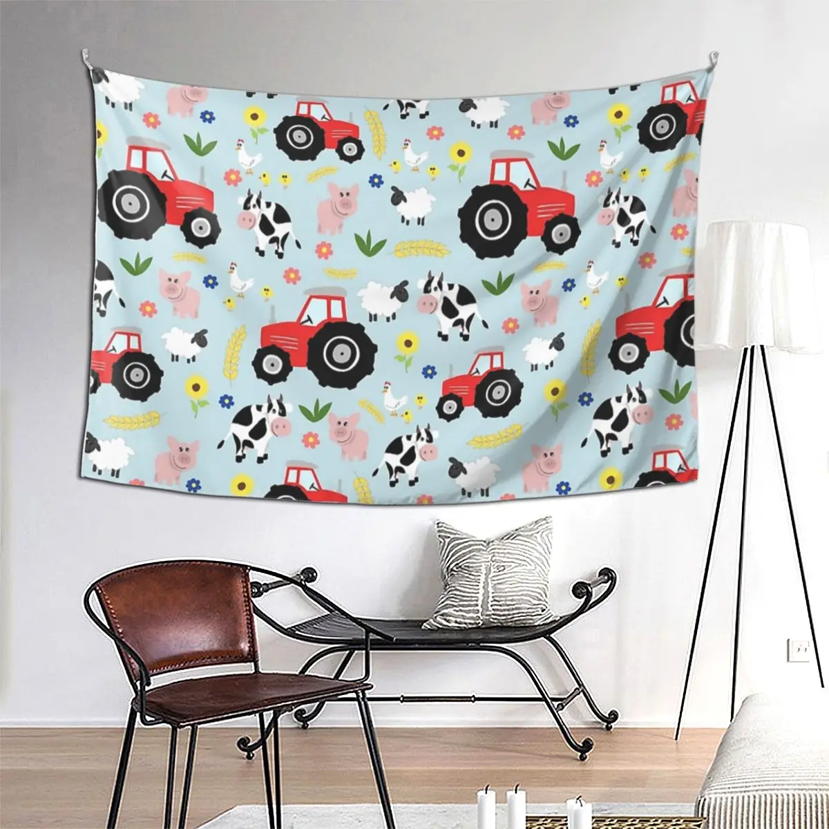 

Милый детский красный трактор с рисунком сельскохозяйственных животных, гобелен в стиле хиппи, настенный эстетический домашний декор, гобелены для гостиной, общежития