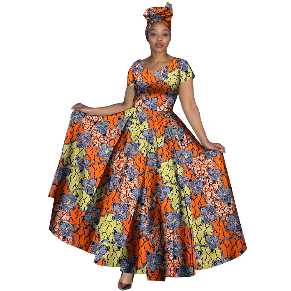 Fashion Women Clothes African Dresses Ankara Print V-neck Maix Long Dresses with Head Scarf Dashiki Women Outfit WY749