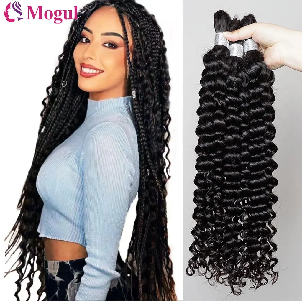 Cabello trenzado a granel, 100% cabello humano, onda profunda, sin procesar, sin trama, trenzas bohemias, extensiones de cabello humano a granel, cabello Remy brasileño