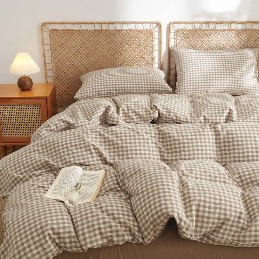 

Gingham Duvet Cover Queen Size 100 Washed Cotton Brown Tan Plaid Checkered Comforter Cover 3 Pcs Soft Breathable Grid Farmhouse