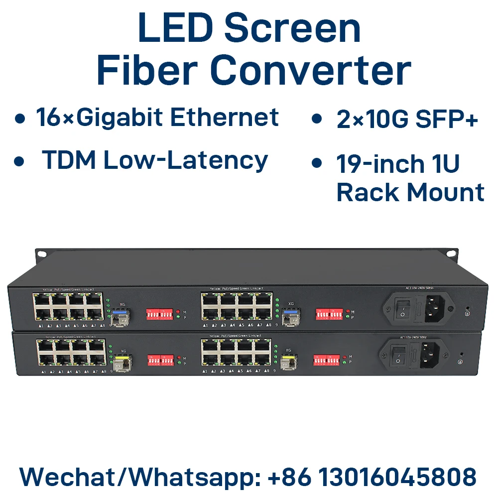 LED Display Fiber Media Converter, 16-Port Gigabit Ethernet, 2×10G SFP+, Physically Isolated, TDM Transmission, Rack Mount