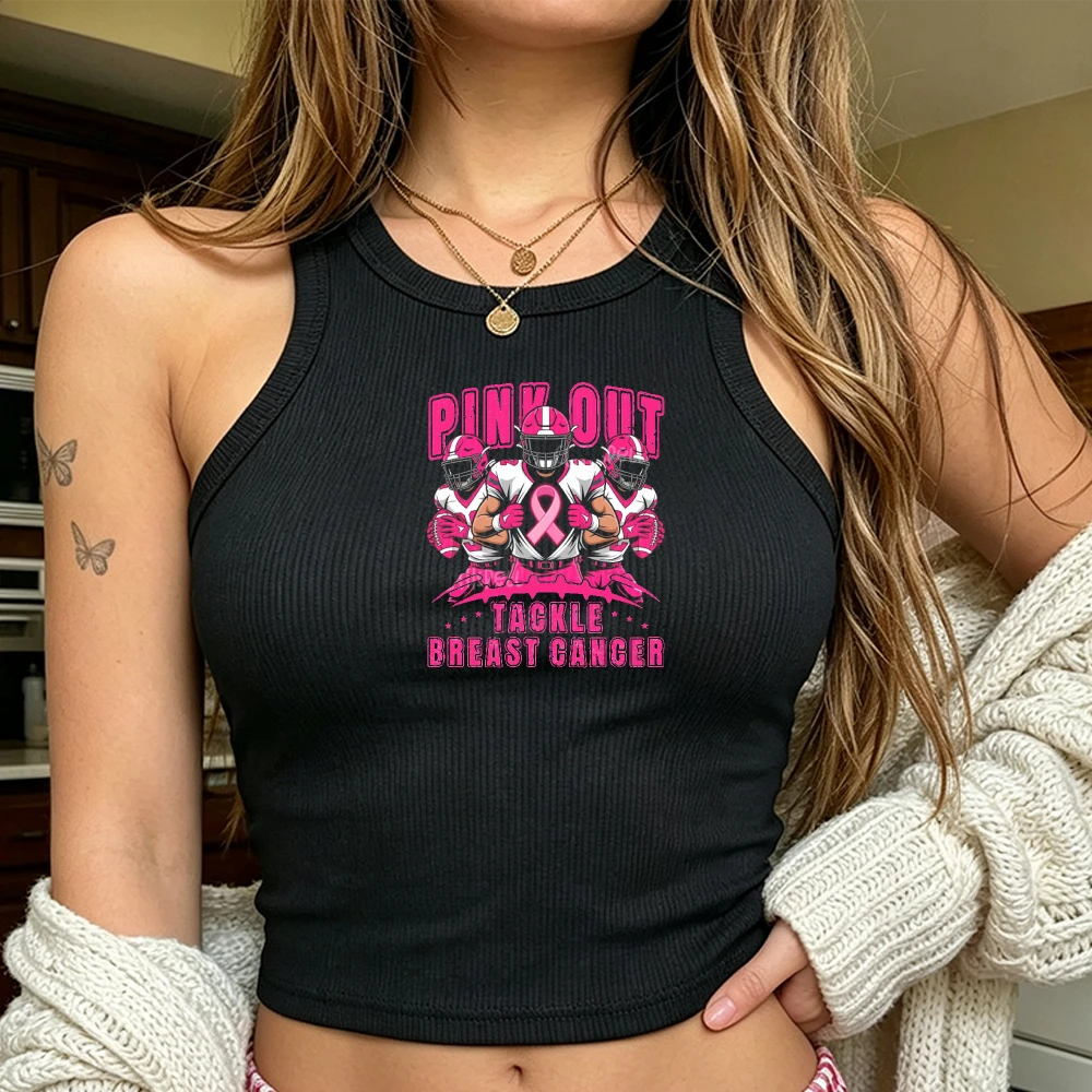 Pink Out Tackle Breast Cancer Football Players Graphic Women Crop Tank Top Sport Theme Cancer Support Sleeveless Casual Top