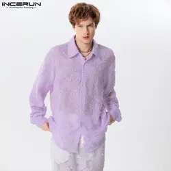 INCERUN Tops 2024 American Style Fashion New Men Jacquard Feather Patchwork Long Sleeved Shirts Casual Long Sleeved Blouse S-5XL