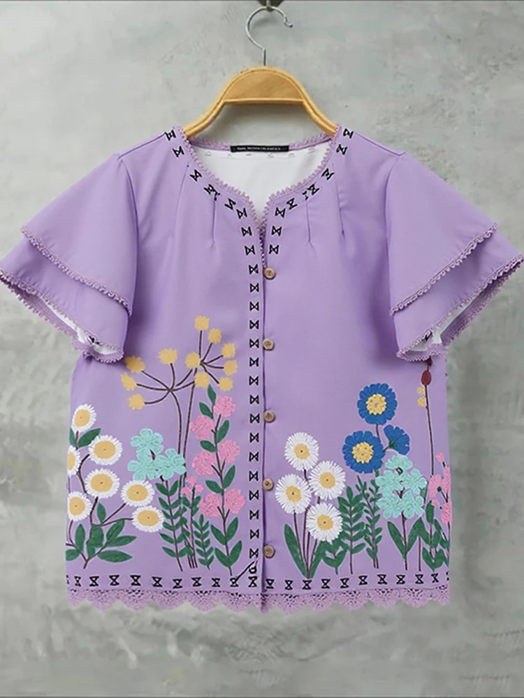 

ZANZEA Summer Blouse Vintage Printing Shirt Women 2025 Fashion Short Sleeve Ruffled Tunic Tops V-Neck Casual Loose Blusas Femme