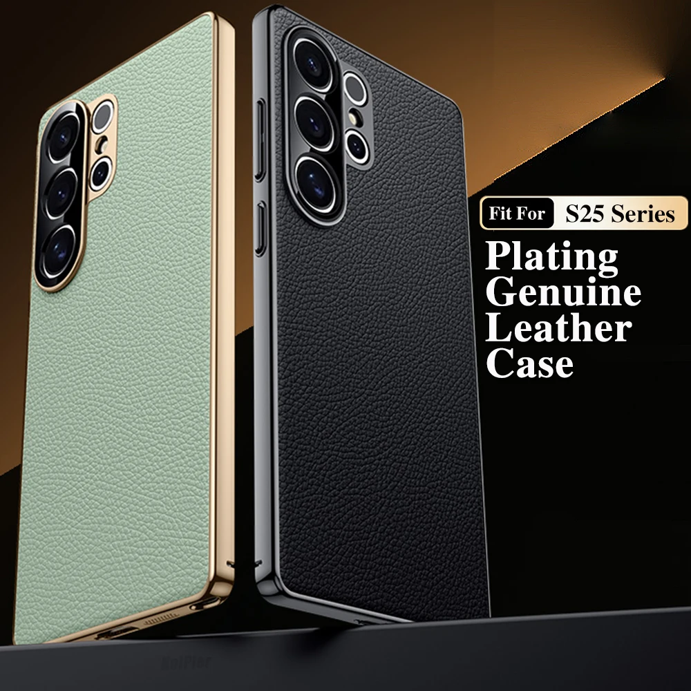 

Original Leather Case For Samsung S25 ULTRA S25+ Plating Genuine cowhide Lichee Pattern Lens Protection Shockproof Phone Cover