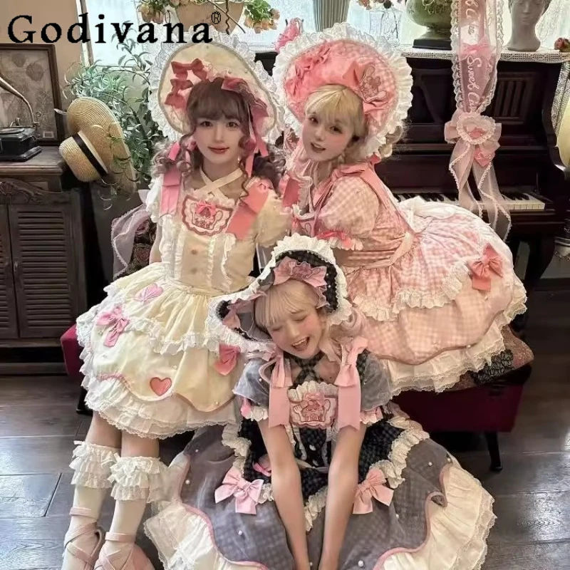 

Sweet Princess Style Lolita Dress Girls Cute Bow Puff Sleeve Slim Fit Y2K Short Dress Japanese Loli Lo Short Dress Op Vestidos