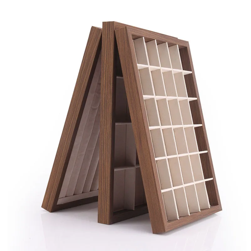 

Black Walnut Wood Grain Jewelry Plate Ring Necklace Bracelet Display Box Beige Flannel Jewelry Storage and Finishing Rack