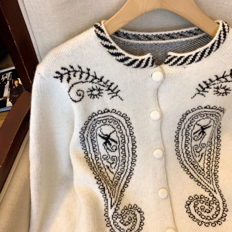 خمر طباعة سترة مشغولة من الصوف المرأة Harajuku اقتصاص سترة سوداء ملابس خارجية الكورية طويلة الأكمام تريكو الشتاء لاعبا جديد #3