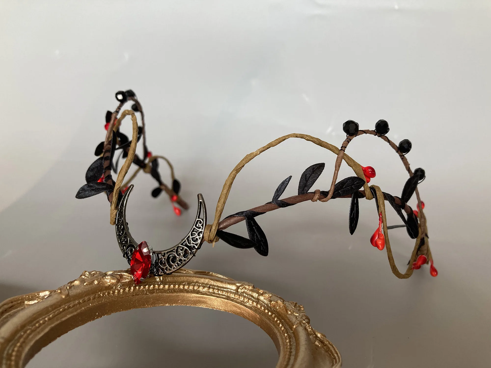 Gothic Elf Crown with Red gem Moon Pendant Dark Fantasy Vine Headpiece Fairy Headband for Cosplay Halloween Renaissance - view 6