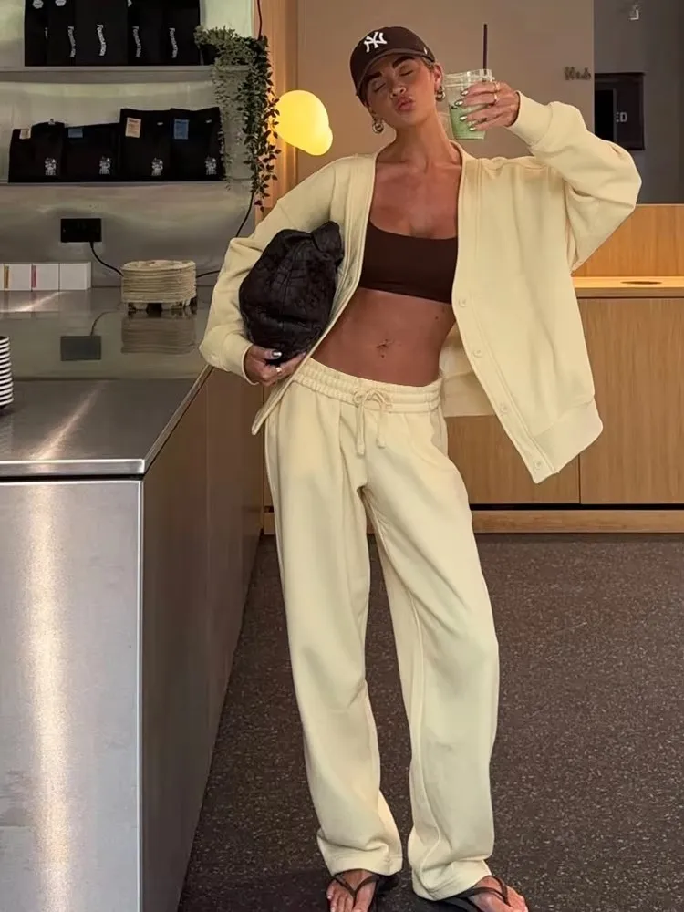 

Повседневные спортивные костюмы Weird Puss, комплект из 2 предметов, однобортная куртка с v-образным вырезом + брюки на шнурке, одинаковые простые уличные спортивные наряды