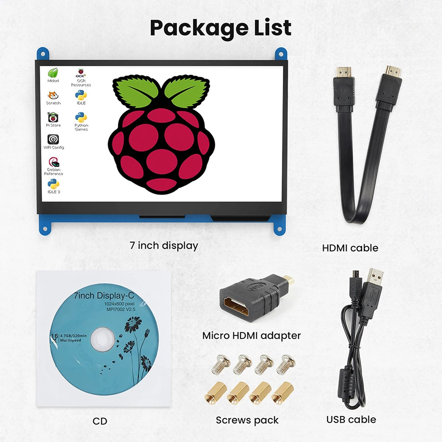 شاشة Raspberry Pi 4/3/2/1/B/B+/A+ مقاس 7 بوصات، شاشة لمس سعوية 1024 × 600 IPS ذات 5 نقاط متوافقة مع نظام التشغيل Windows 10/8/7، بدون محرك