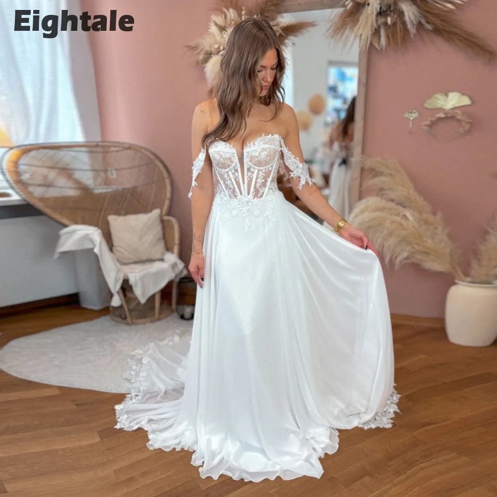 Eightale Boho Wedding Dress Chiffon Customized Off Shoulder Lace Appliques Backless White Ivory Bridal Gown Vestido De Noiva