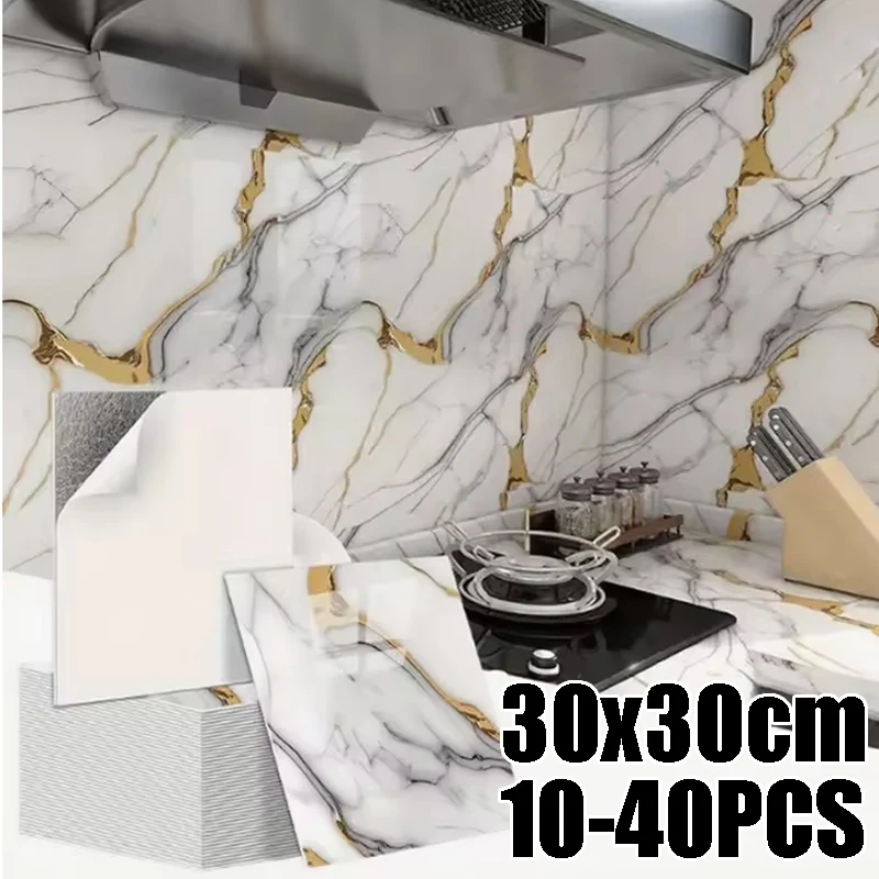 Azulejos de pared autoadhesivos de espuma, 10-40 Uds., con respaldo de aluminio, patrón de mármol, diseño impermeable para proyectos de decoración de cocina y baño