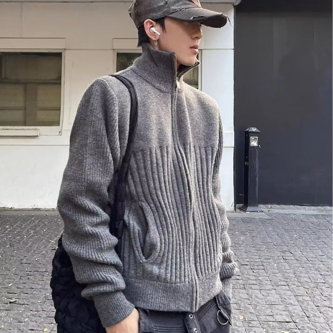 

American Sle Zipper High Collar Knitwear Jaet Trendy Men's Autumn Winter Thiened Stand Collar Sweater for Couples