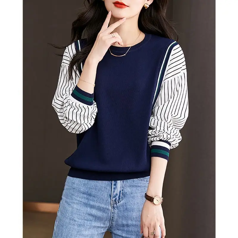 Fake Two Pieces Long Sleeve Patchwork Blouse Spring Autumn Long Sleeve Loose Vintage Shirt Tops Fashion Elegant Women Clothing