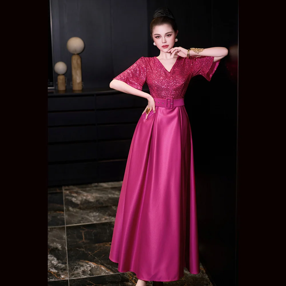 Meyyithun robe de soirée à paillettes pour femmes, col en v, manches courtes, robe de soirée à paillettes, 20251113MX01