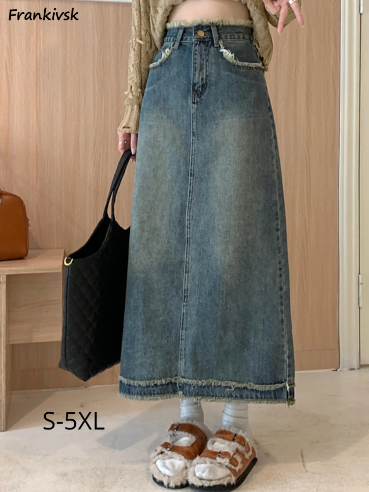 

Denim Skirts Women Spring Vintage Classical Daily Streetwear Solid Commute Simple Korean Style Elegant Ankle-length Loose Fit