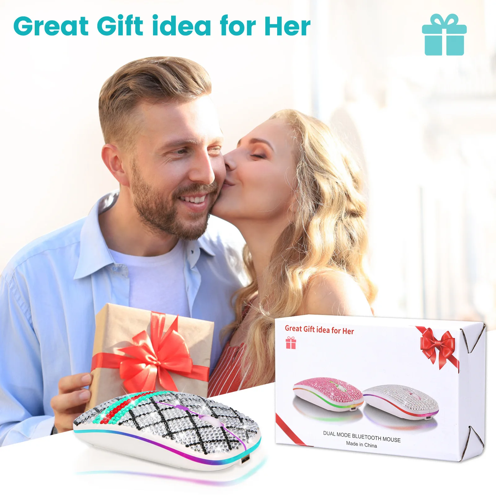 Venda quente silencioso mouse sem fio de modo duplo com luz respiratória de 7 cores, mouse transparente incrustado de diamante recarregável